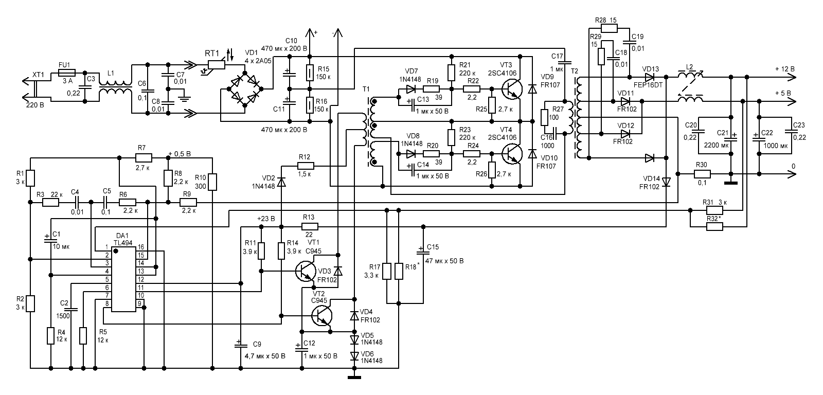 Схема компьютерного блока питания на tl494 и lm339